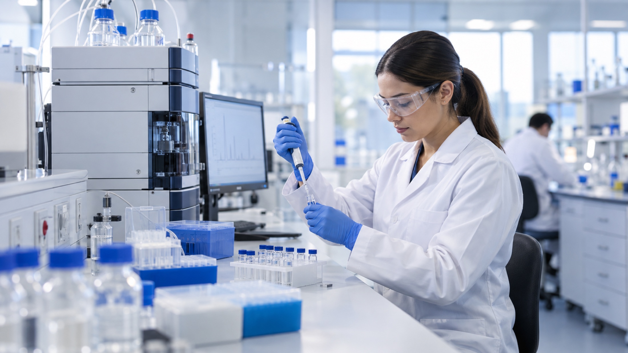 An analytical scientist preparing laboratory samples near chromatography equipment