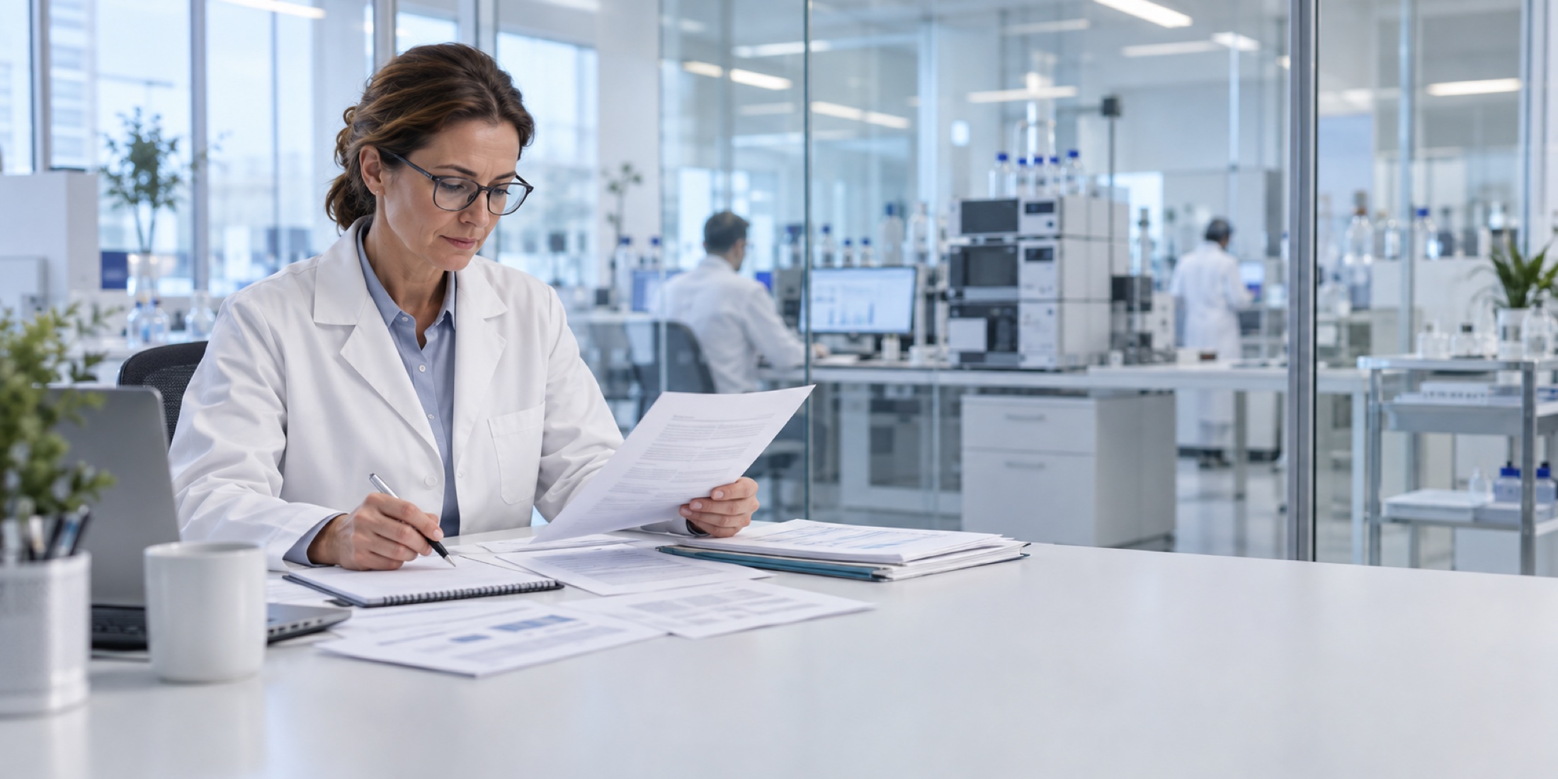 A scientist reviewing technical documents at a desk beside an analytical laboratory
