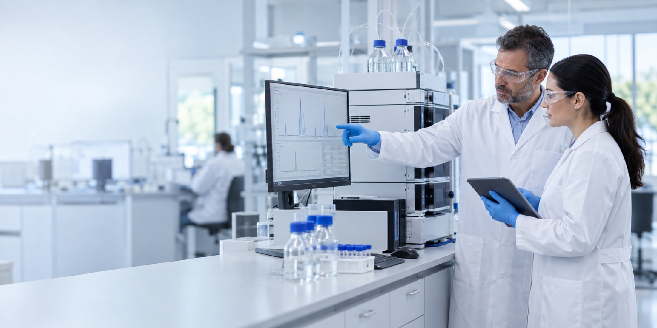 Two pharmaceutical scientists reviewing analytical results beside chromatography equipment