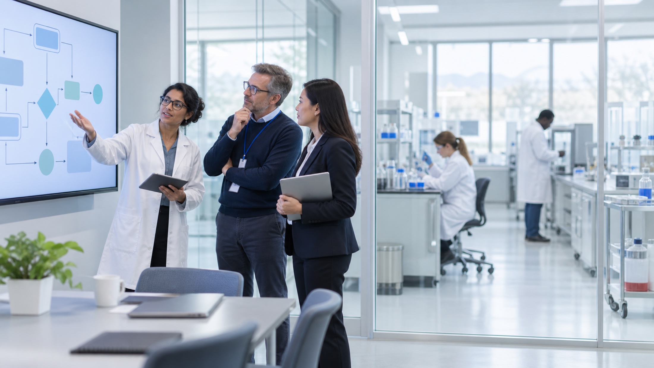 Pharmaceutical and technology professionals reviewing a document workflow near a laboratory