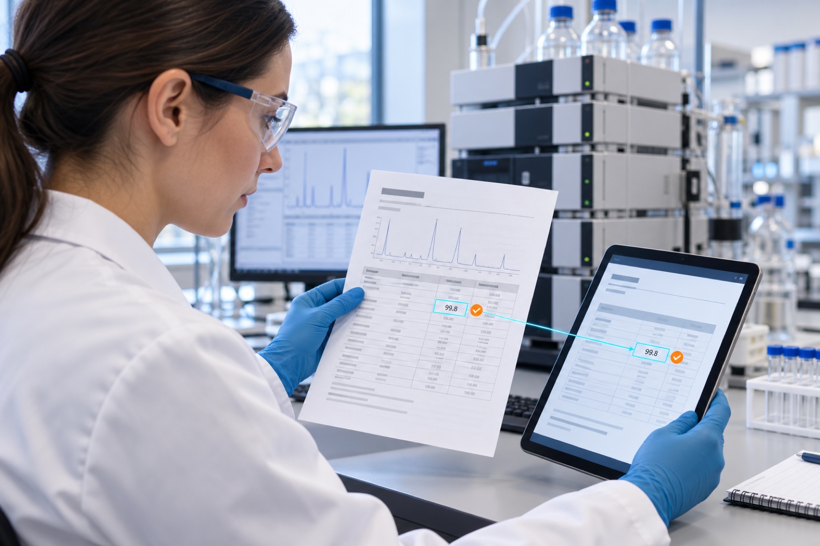 A pharmaceutical scientist comparing a source laboratory record with a trace-linked digital draft